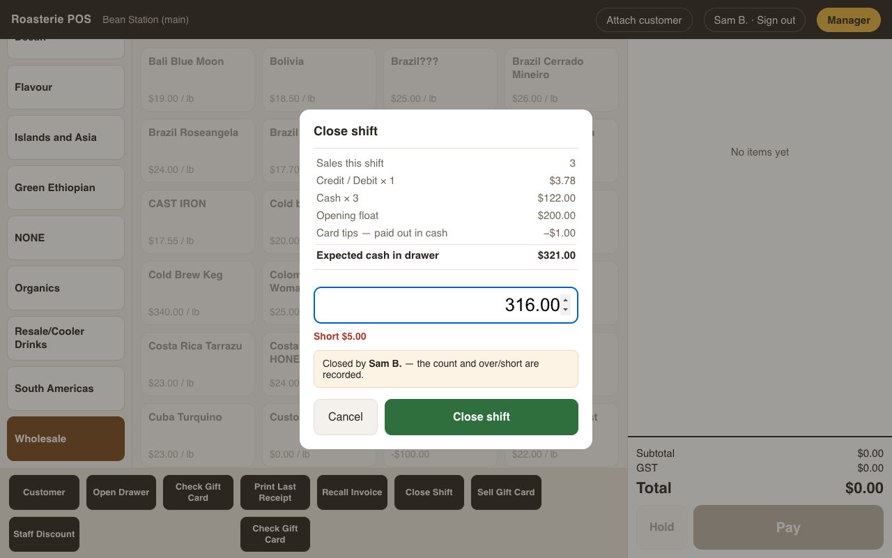 Closing a shift — the count against expected cash