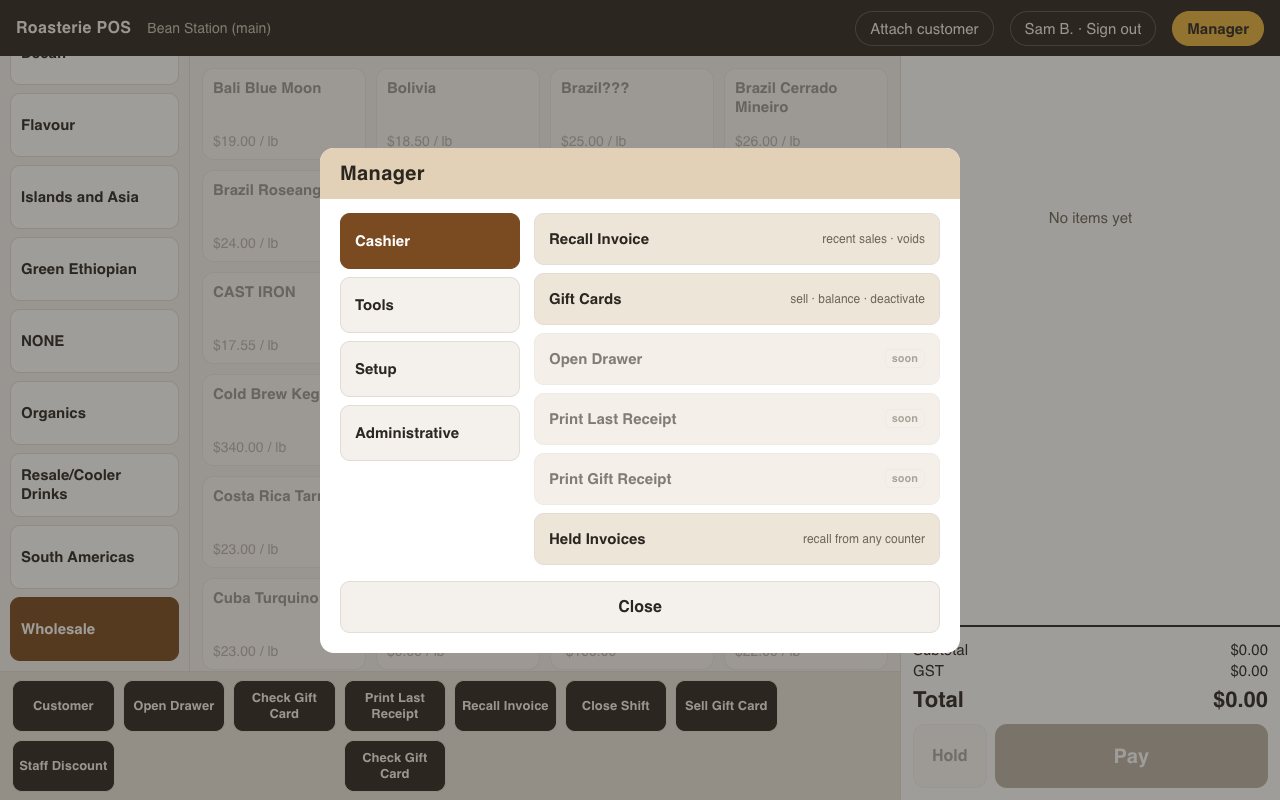 The Manager portal — the till side of the same menu