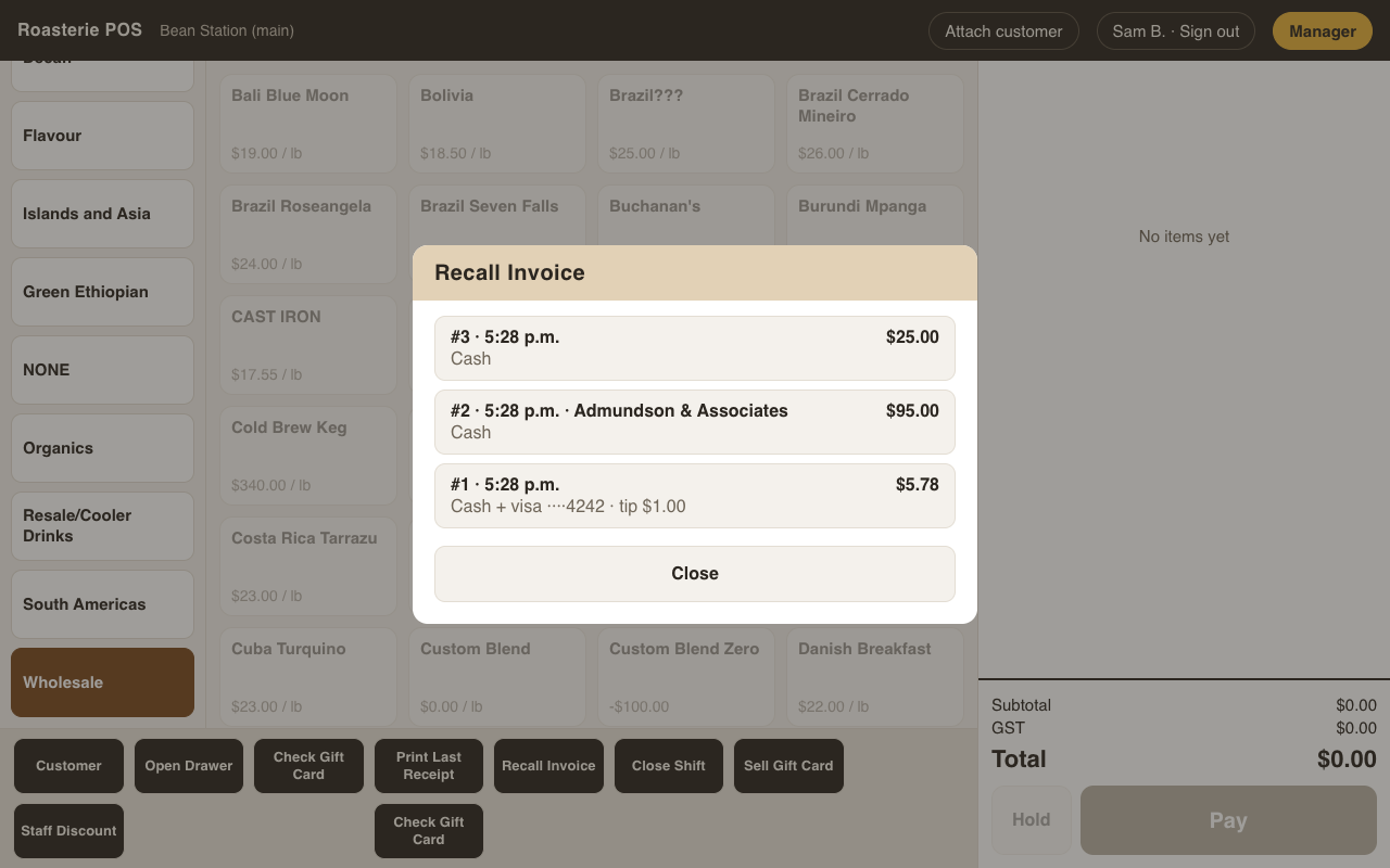 Recall Invoice — recent sales