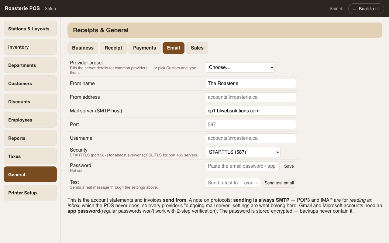 General → Email — SMTP with a working test button