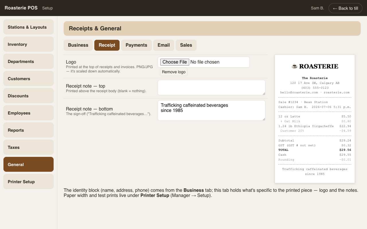 General → Receipt, with the live preview