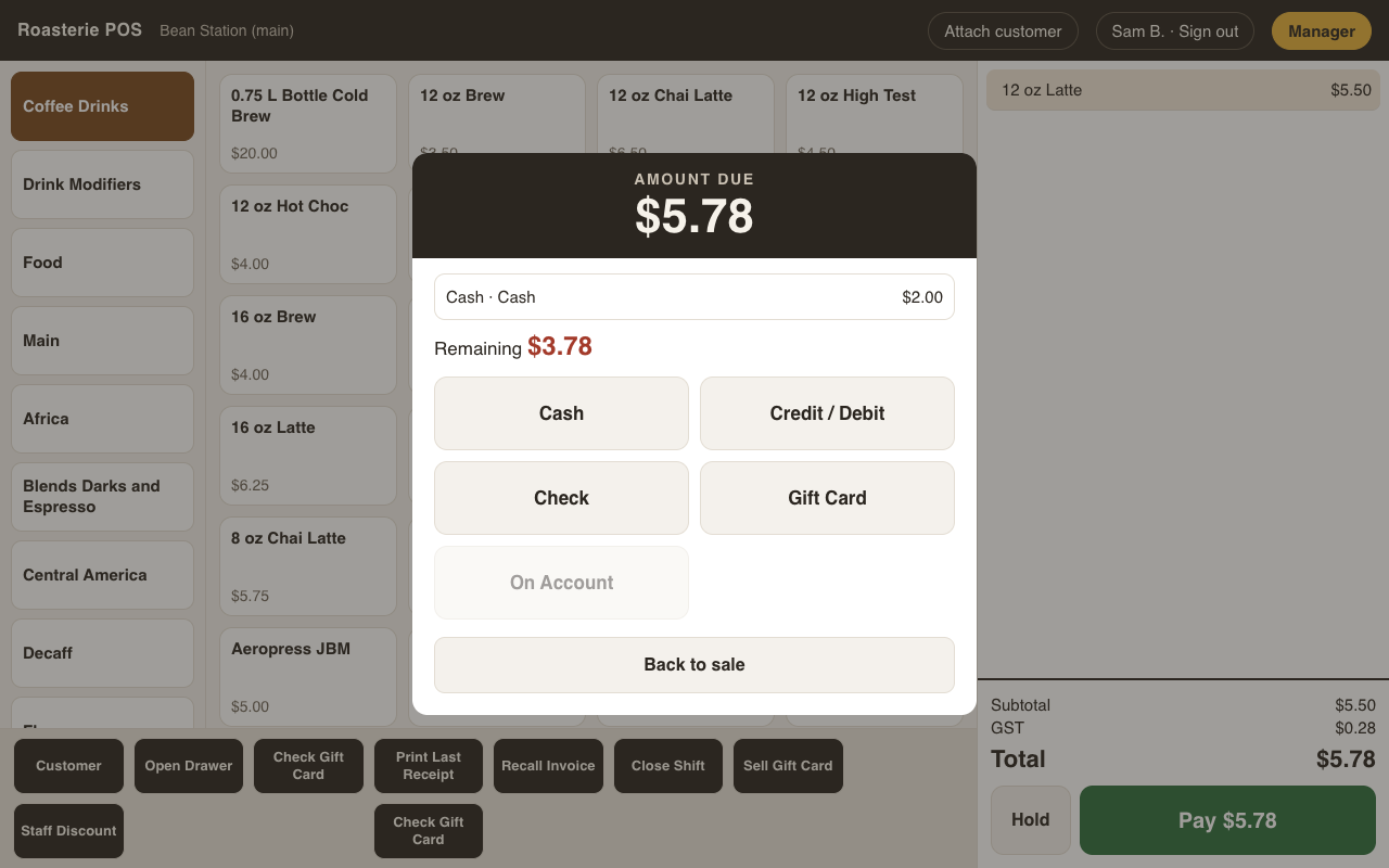 A split tender — $2 cash applied, the rest still due
